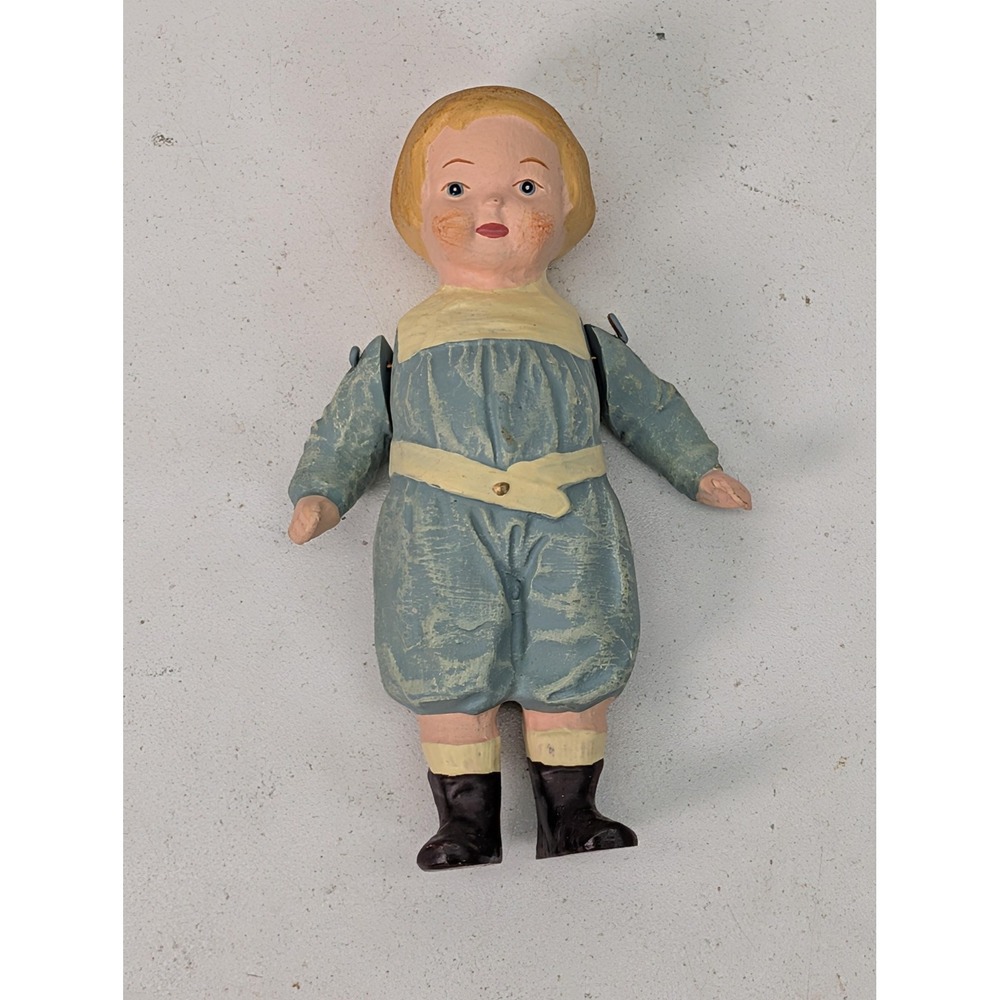 Vintage Carved Wood Articulated Artist Doll Blue Romper Black Boots Painted‎